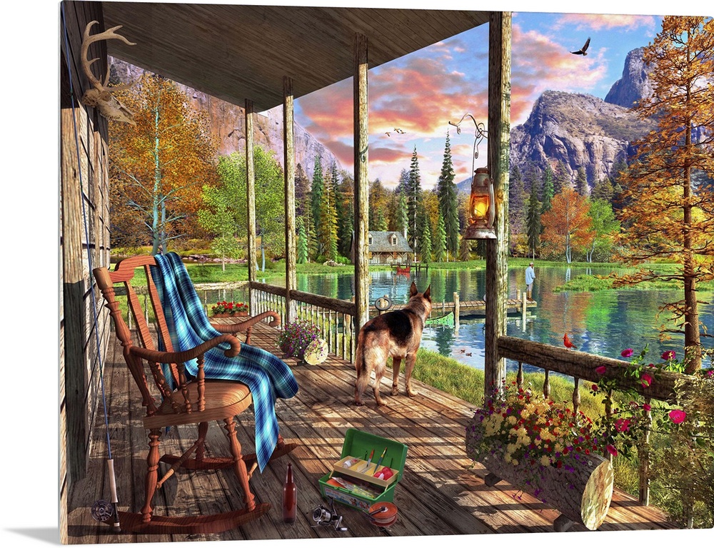 Illustration of a view of the lake and mountains from a cabin veranda.