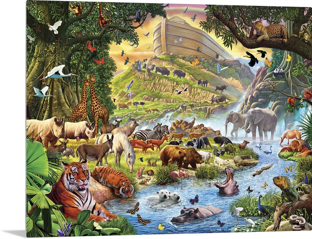 Colorful artwork of Noah's Ark in a lush green landscape with thousands of animals all around.