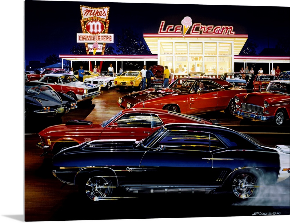 This decorative art is a painting of vintage muscle cars racing and parked outside a retro drive-in restaurant.