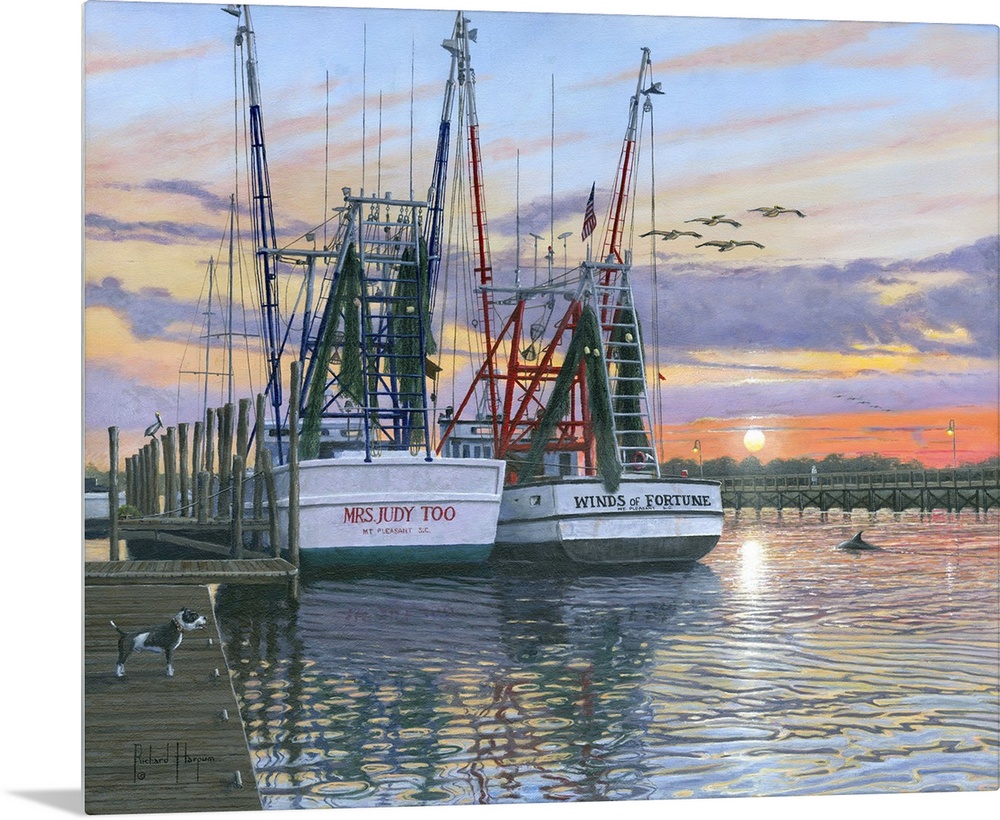 Contemporary artwork of two fishing oats sitting in a harbor at sunset.