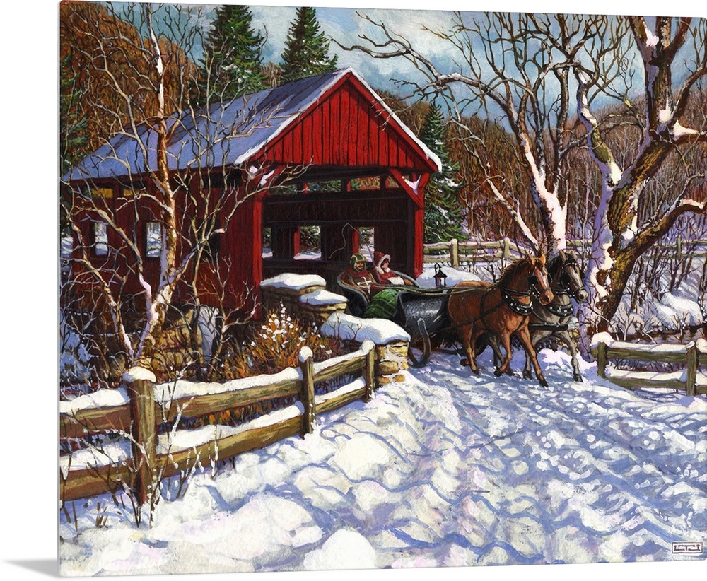 A New England winter sleigh scene with covered bridge.