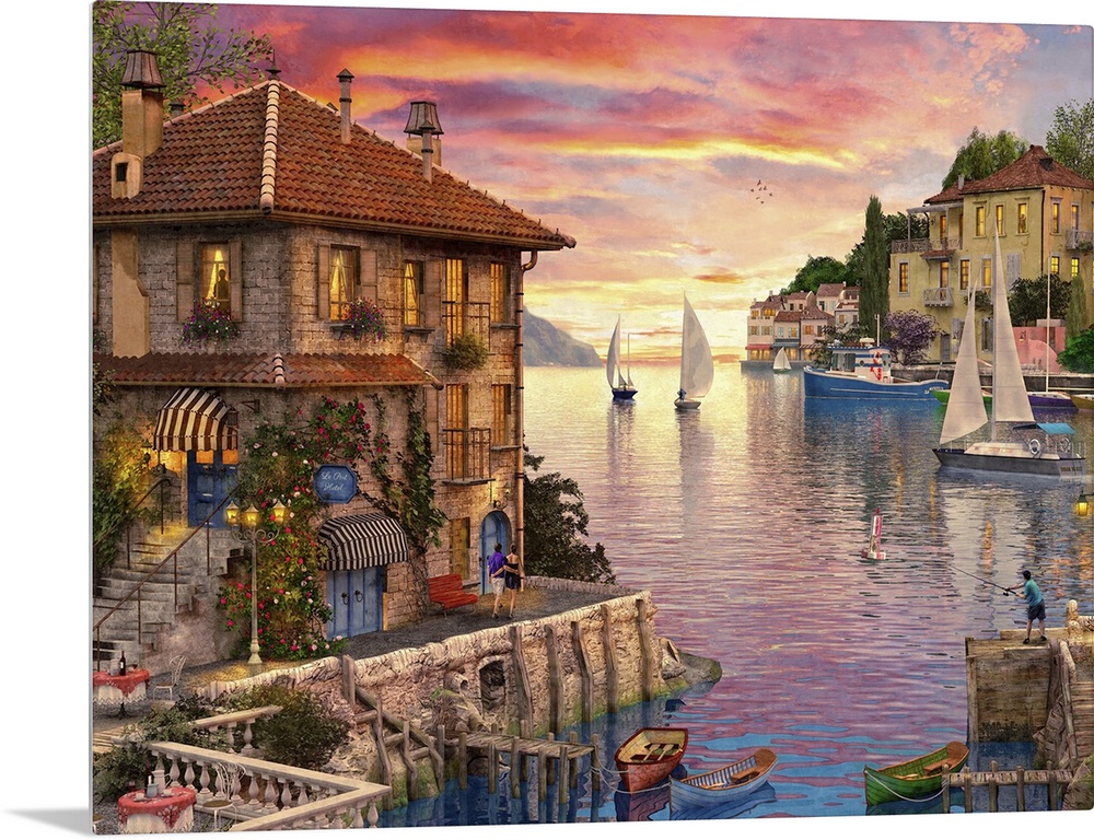 Illustration of a small Mediterranean harbor at sunset.