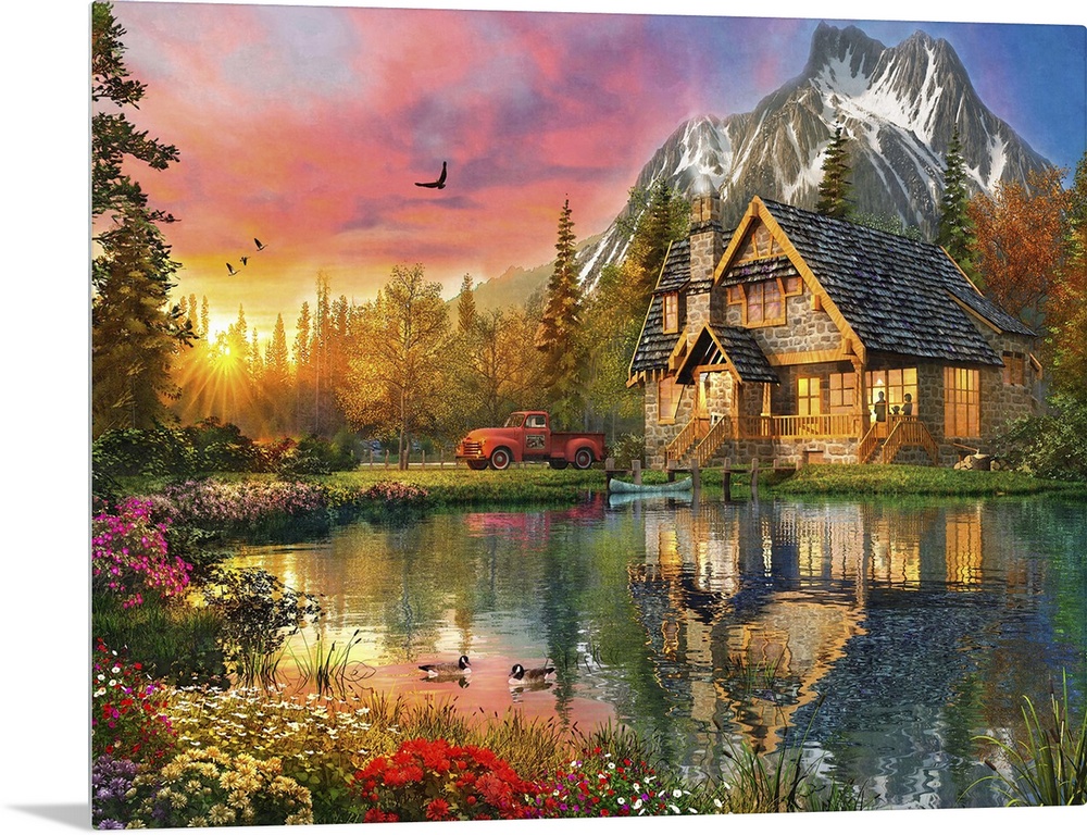 Illustration of a mountain cabin surrounded by snow capped mountains.