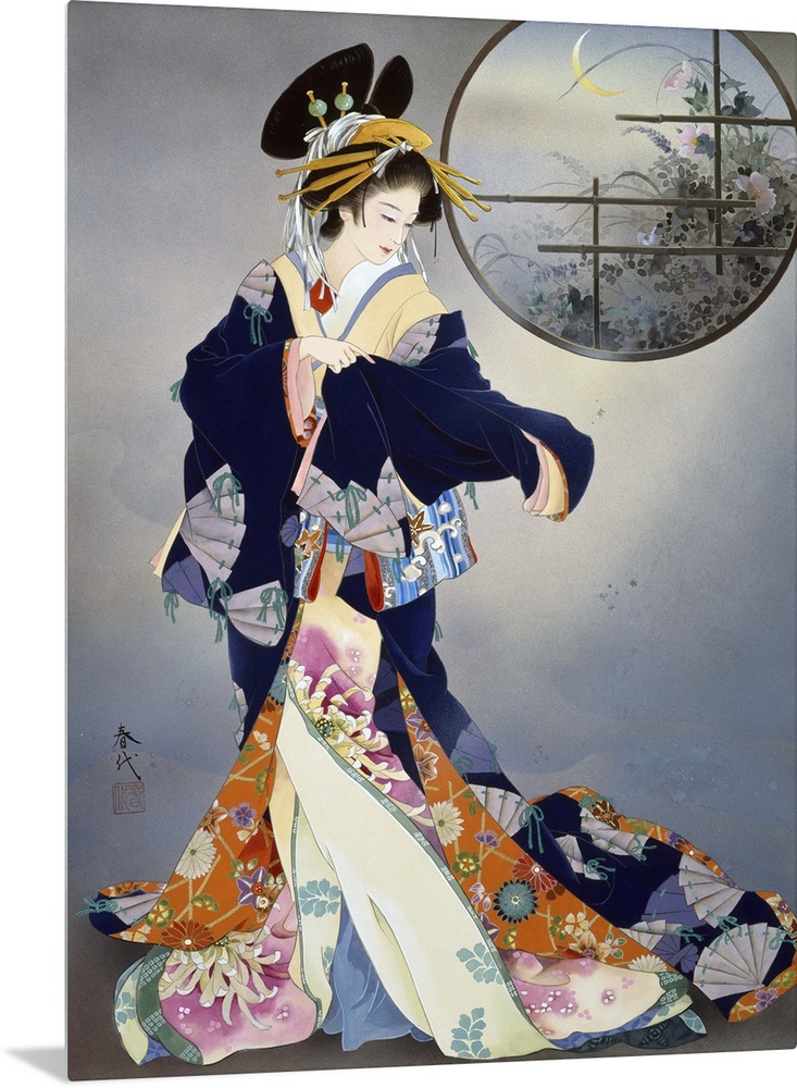 Contemporary colorful Asian art of a Geisha in beautiful ornate clothing.