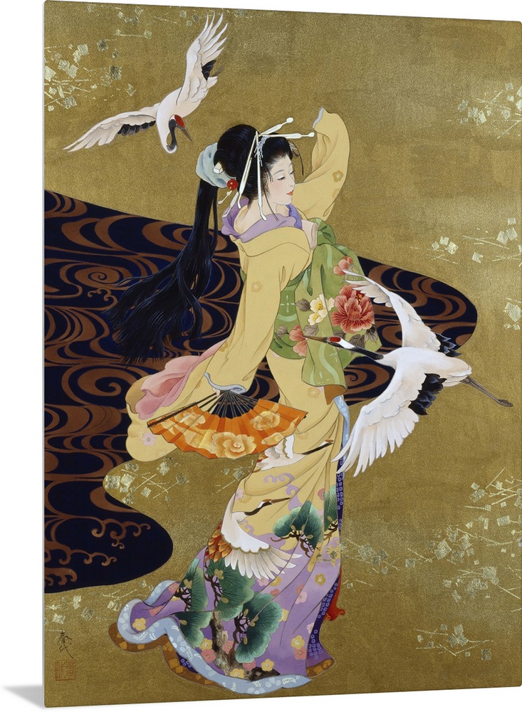 Contemporary colorful Asian art of a Geisha in beautiful ornate clothing.