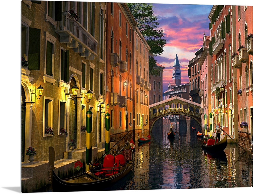 A photograph of a quiet, historic canal filled with gondolas maneuvering in the twilight on this oversized wall art picture.