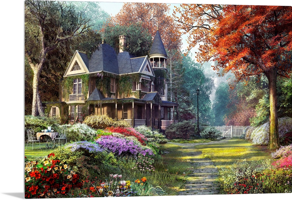 Painting on canvas of a big house with a beautiful garden surrounding it.