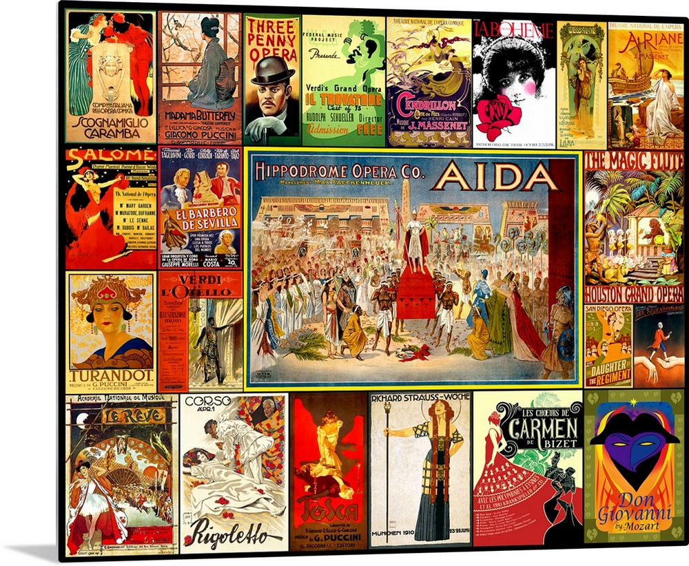 A mosaic collage of vintage Opera and theater posters.