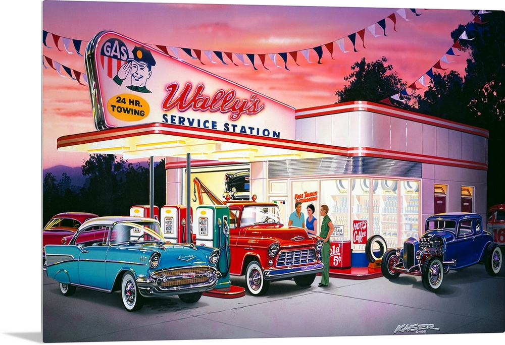 Old style gas station in late 50s. 1957 Chevolet Hardtop, 1956 Chevy truck, 1932 Ford Coupe Hot Rod