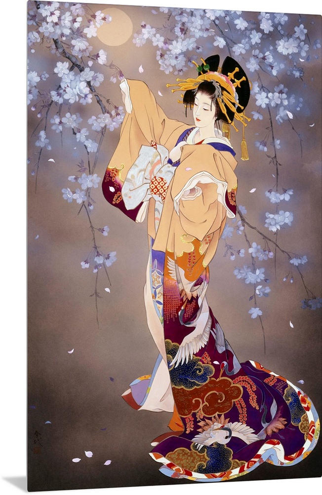 Contemporary colorful Asian art of a Geisha in beautiful ornate clothing.