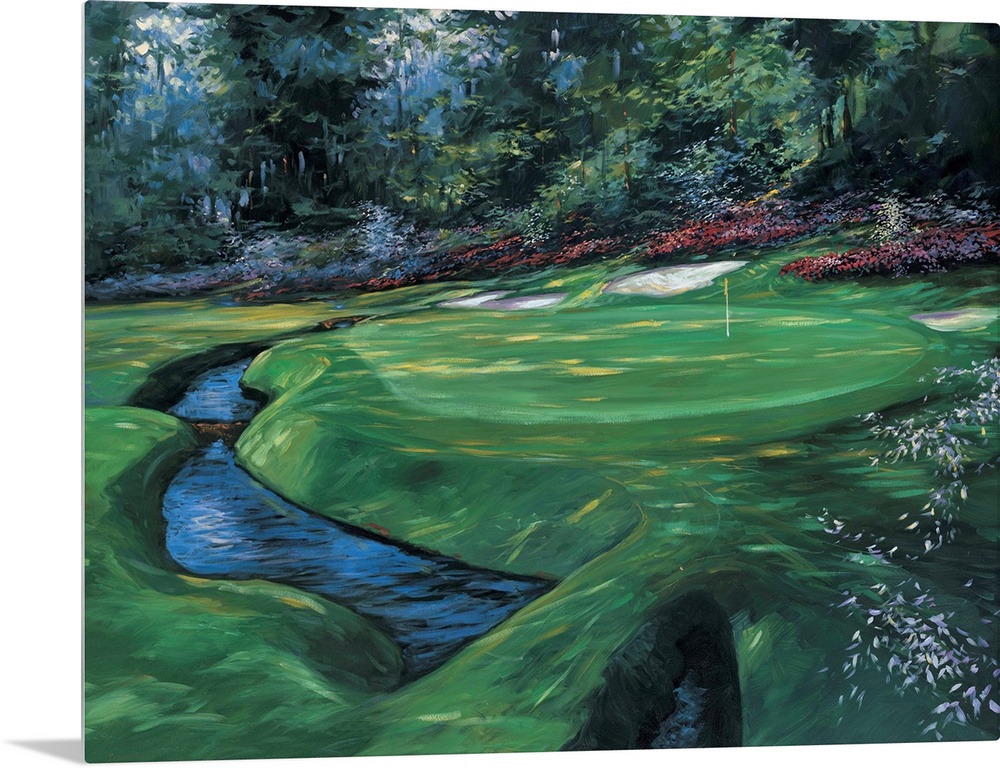 A traditional style painting of the thirteenth green of Augusta National Golf Club in Georgia, home of the Masters Golf To...