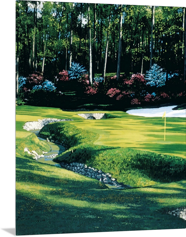 Lifelike painting of stream crossing through a golf course, past the flag towards the forested edge and a tiny stone bridge.