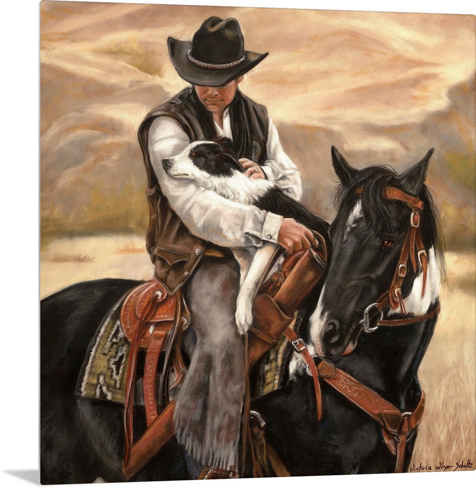 Contemporary artwork of a cowboy on horseback holding a border collie dog in his arms.