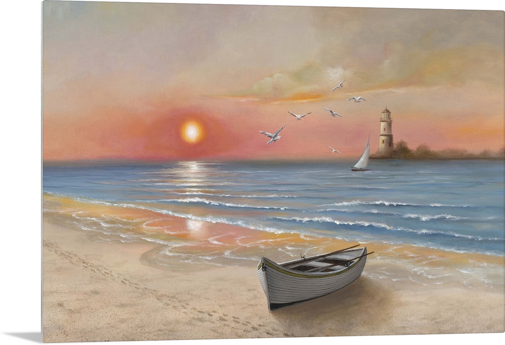 Contemporary painting of a lone boat at the edge of the sea at sunset, with a lighthouse in the distance.