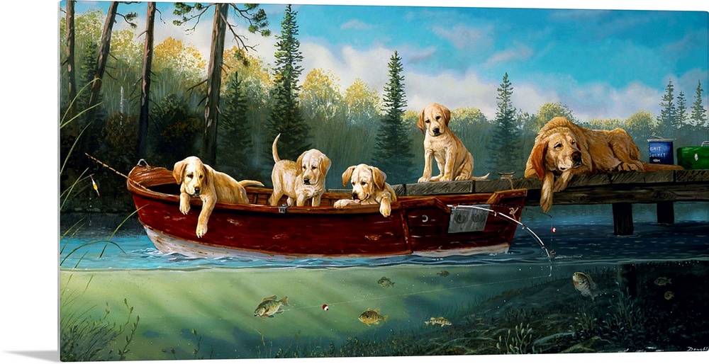 Horizontal artwork on a big wall hanging of a mother dog lying at the edge of a dock, one of her puppies sits next to her,...