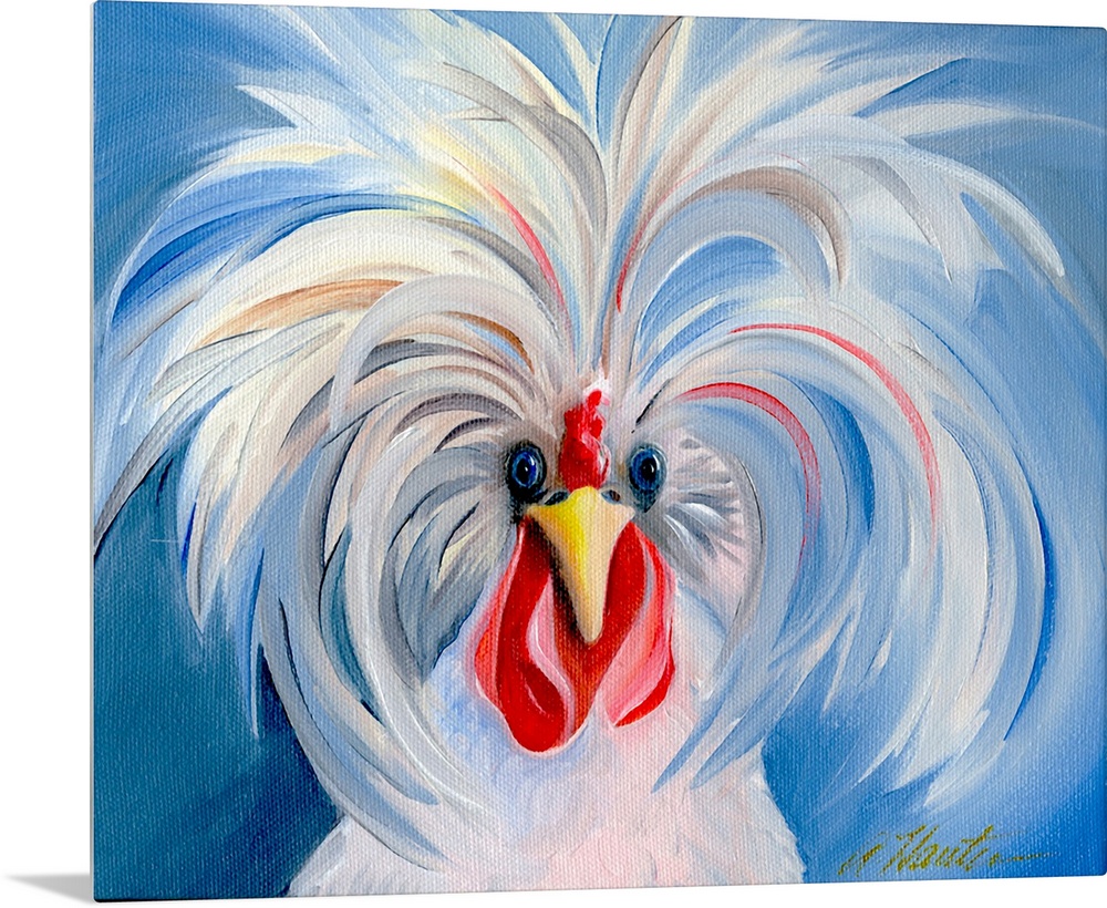 A humorous painting of a rooster with the feathers on top of his sprouting up and out so as to give him a crazy hair style.