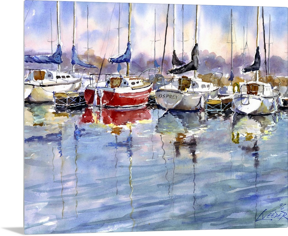 Contemporary piece using water colors to paint sail boats that sit docked at the marina.