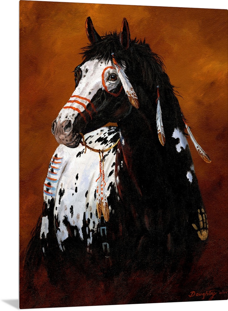 Large painting of a horse decorated with Native American war paint, feathers and handprints.