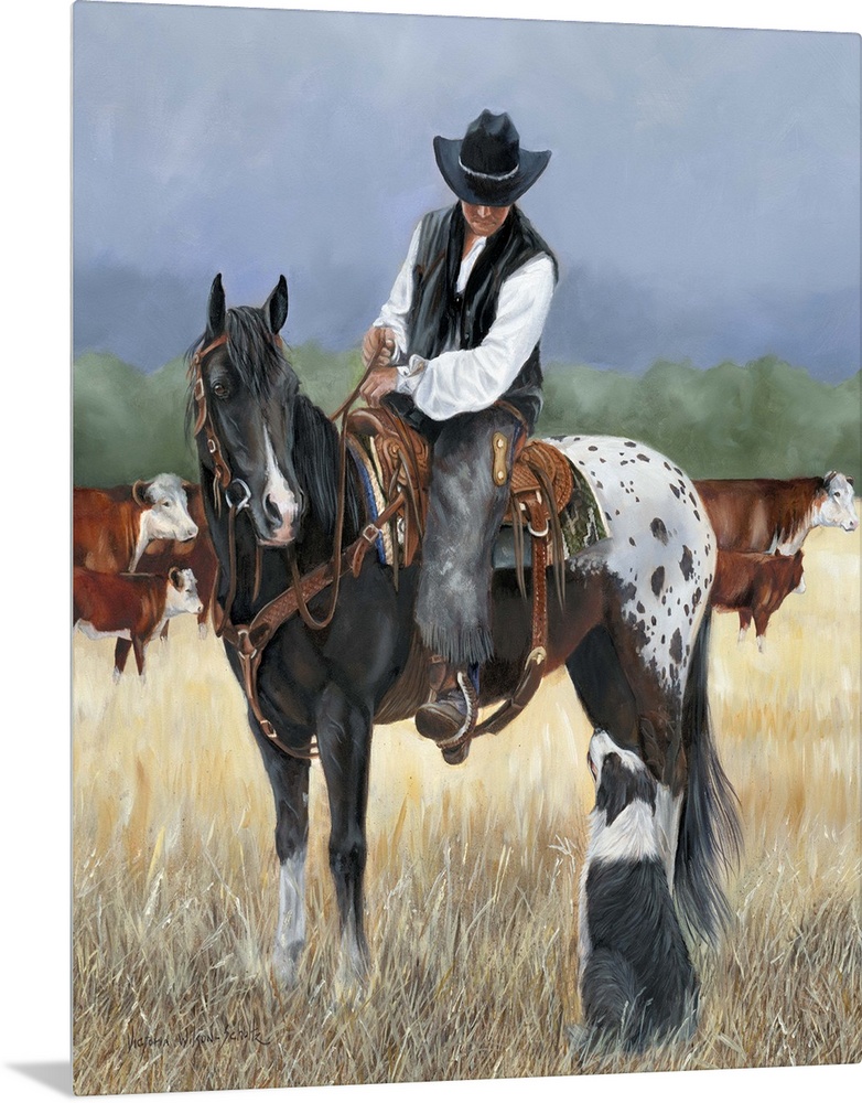 Contemporary painting of a cowboy on horseback looking at a border collie dog.