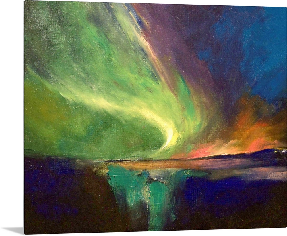 A landscape wall hanging of the Northern Lights sweeping across the night sky and reflecting in the water below.