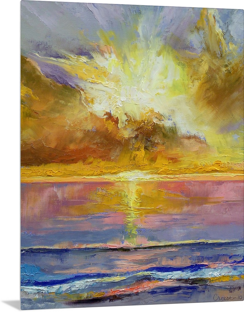 Abstract oil painting of the setting sun over the ocean.  The partly cloud covered sun is reflected in the water below.