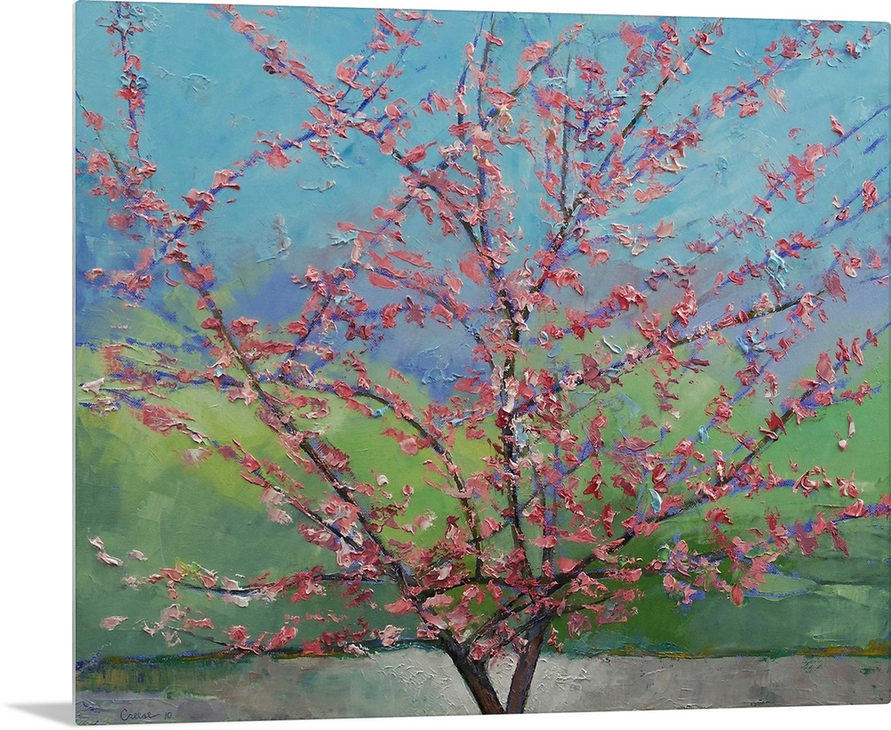 Big floral painting that showcases a close-up of a Eastern Redbud Tree with rough texture.