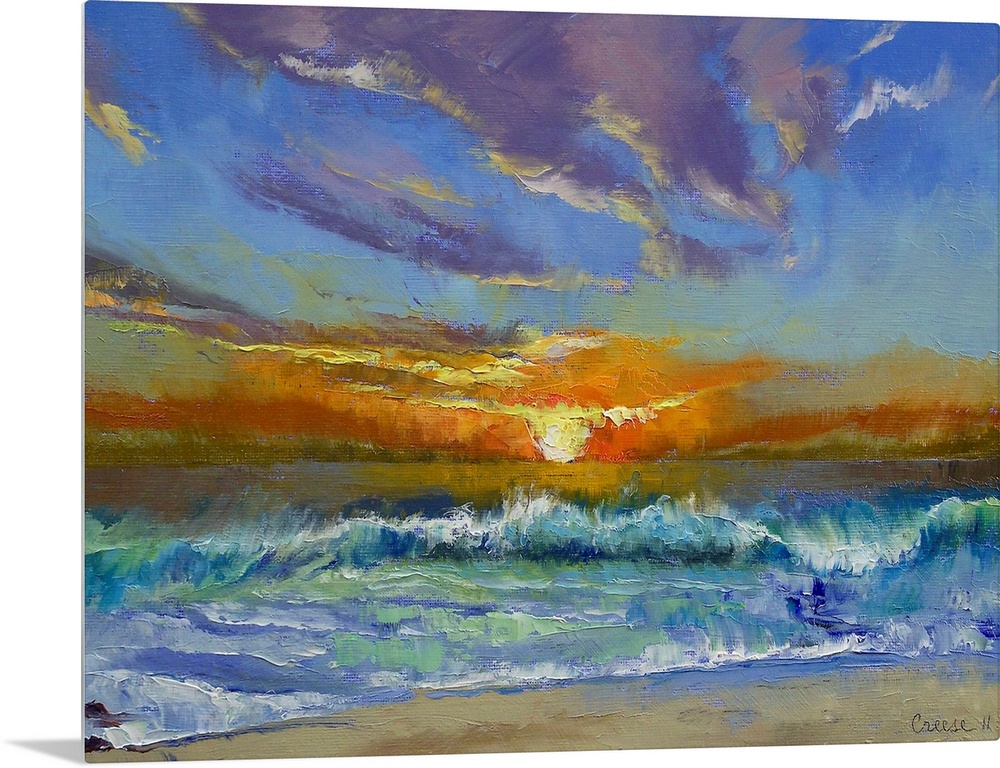 Reproduction of an original oil painting; the sun sinks towards the horizon as waves lap the shore. This painting features...