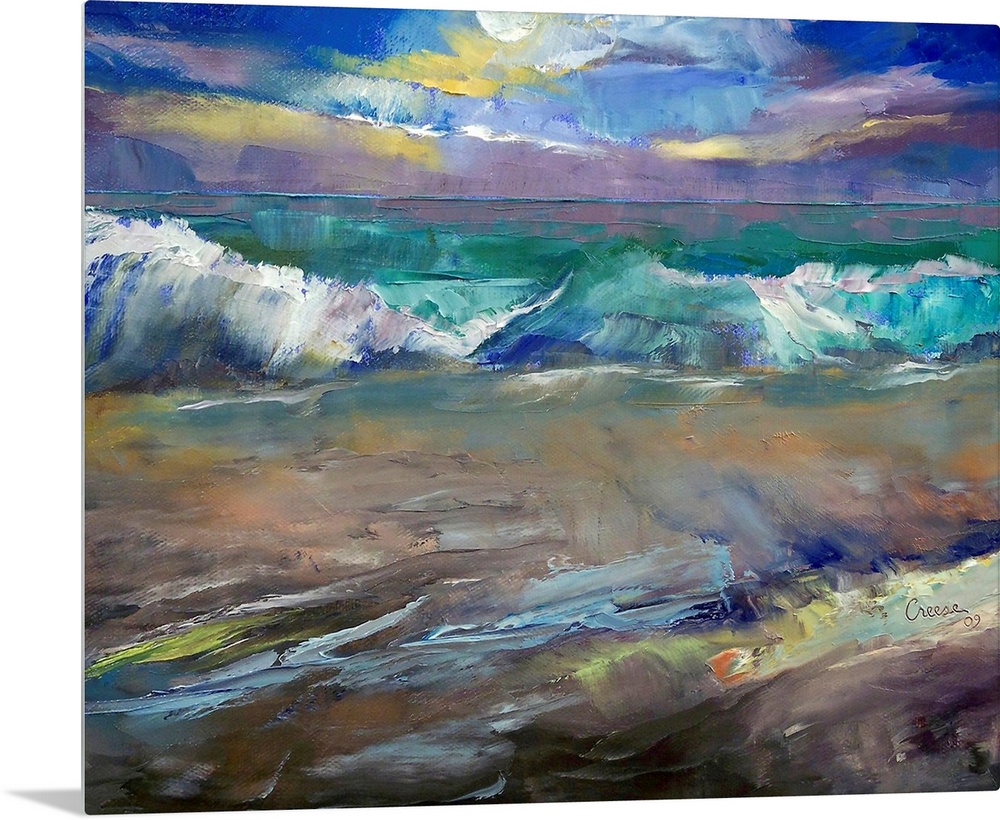 Gicloe print on canvas of a dramatic seascape under the moon of waves on a beach painted using a palette knife.