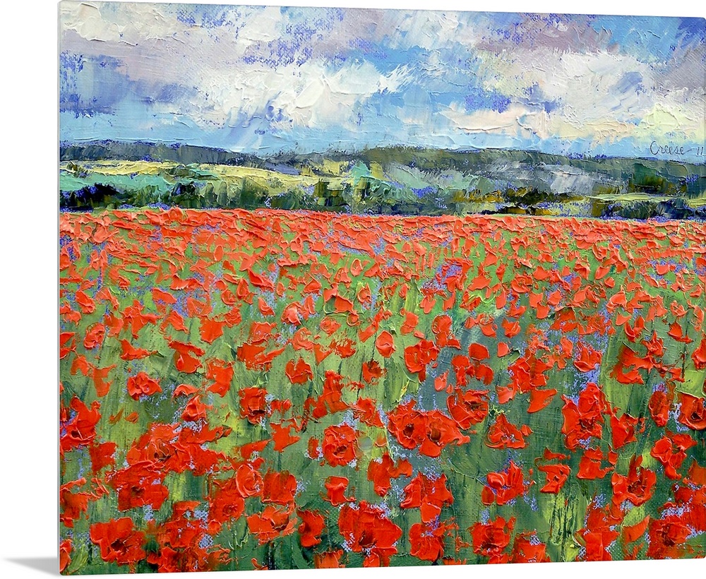 A contemporary plein air landscape painting of a meadow of poppies on a sunny day.