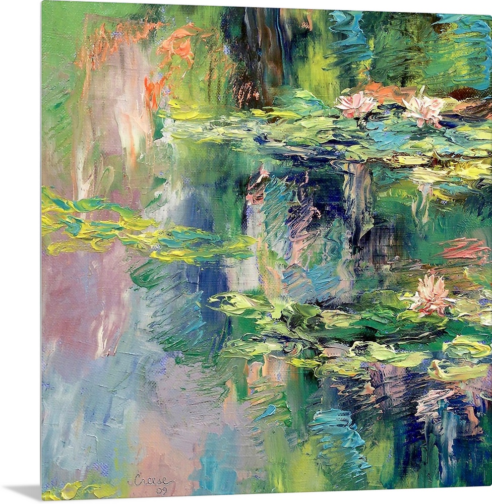 Large, square, fine art painting  with heavy brush strokes, of water lilies spread out across calm waters.