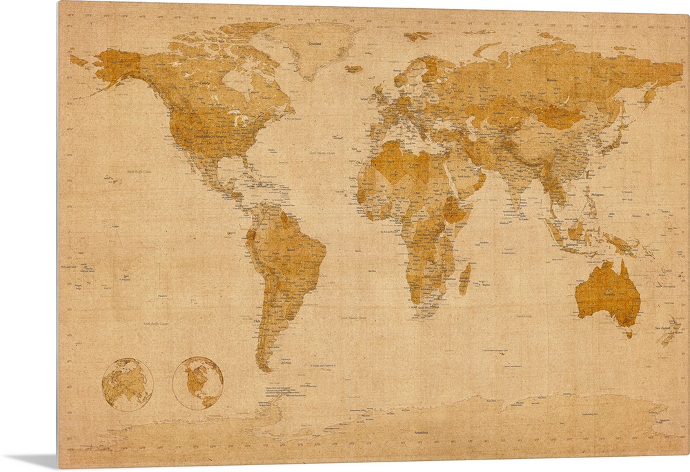 Giant map of the world set in an antique style.  This piece includes a number of cities within each country and also has c...