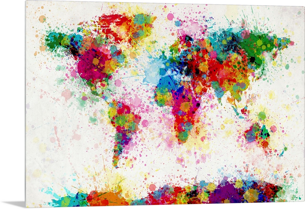 Giant contemporary piece of colorful art that shows a world map composed of a number of paint drops and splashes.