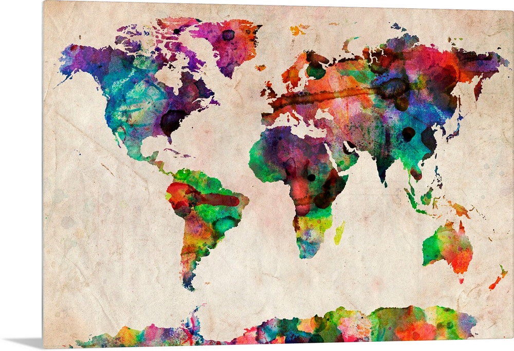 Silhouette of continents filled with wild paint splatters on a textured background showing all the countries of the world.