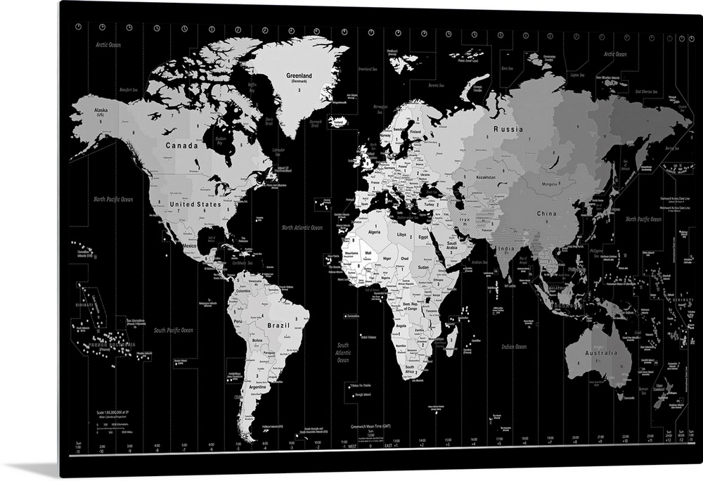 A monochromatic political map of six continents where each time zone is depicted in a different shade.