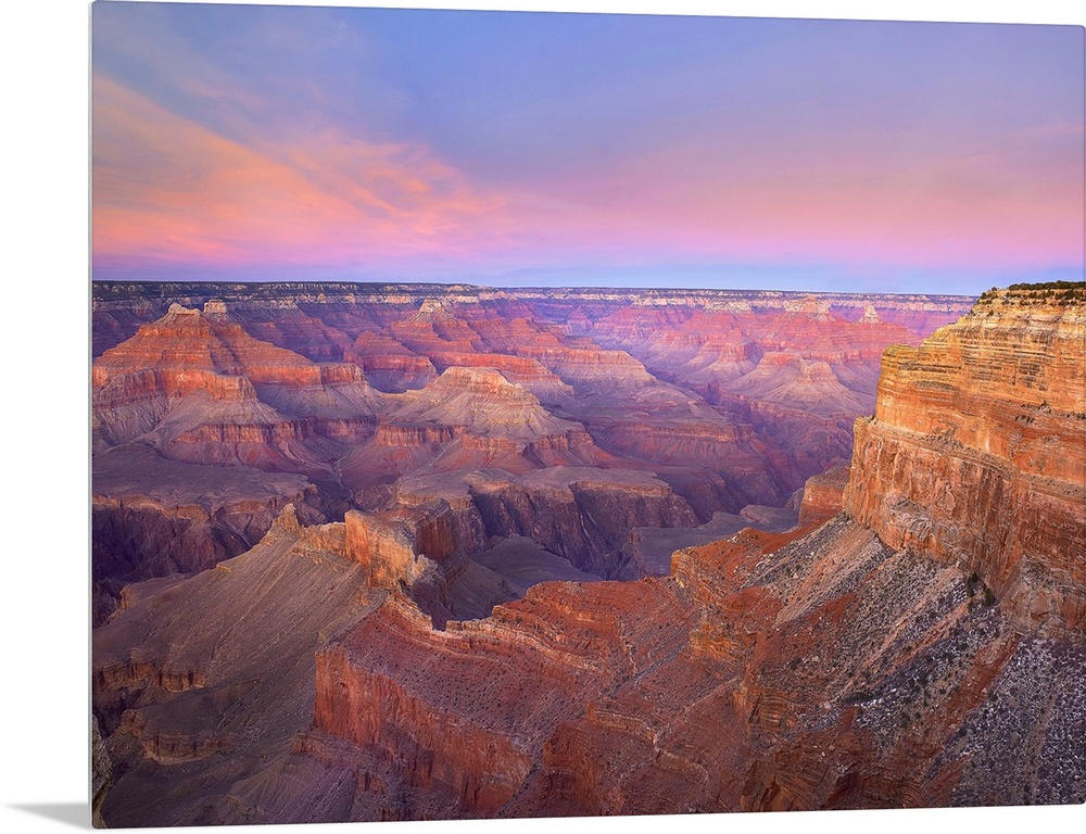 Big photograph taken from Mohave Point at sunset that focuses on the great size of Grand Canyon National Park in Arizona. ...