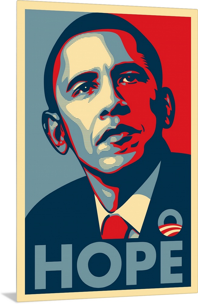 Iconic and optimistic block print portrait of senator Barack Obama made for the 2016 presidential election campaign, featu...
