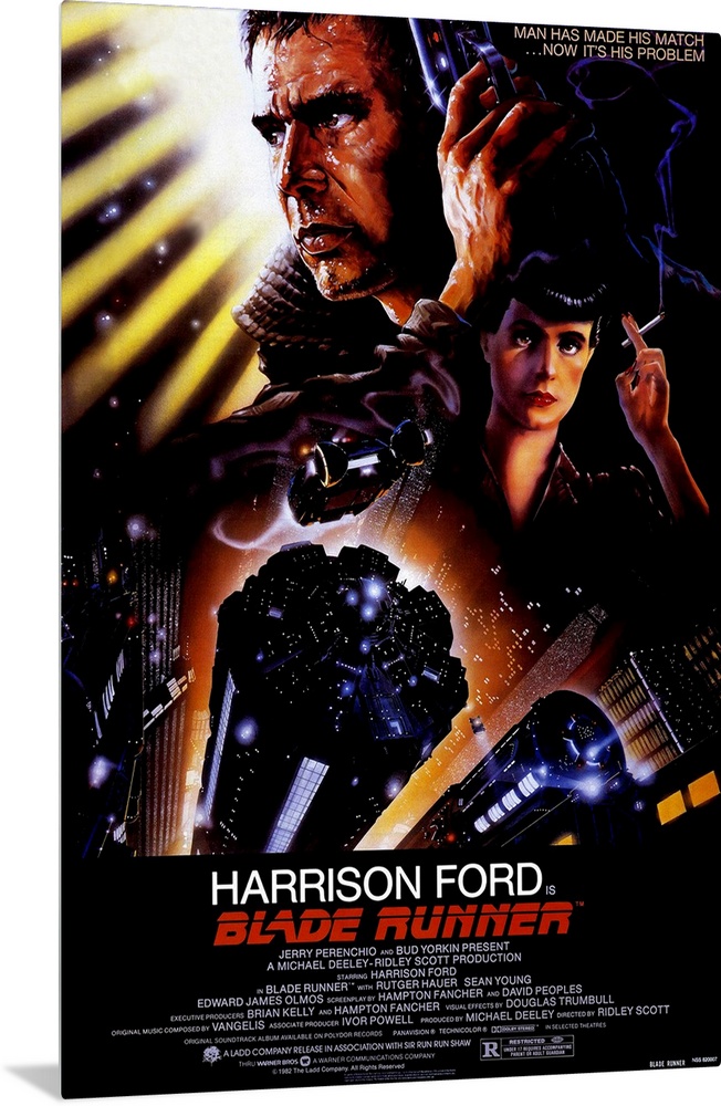 Big, vertical movie advertisement for Blade Runner, with a profile headshot of Harrison Ford at the top, a woman smoking a...