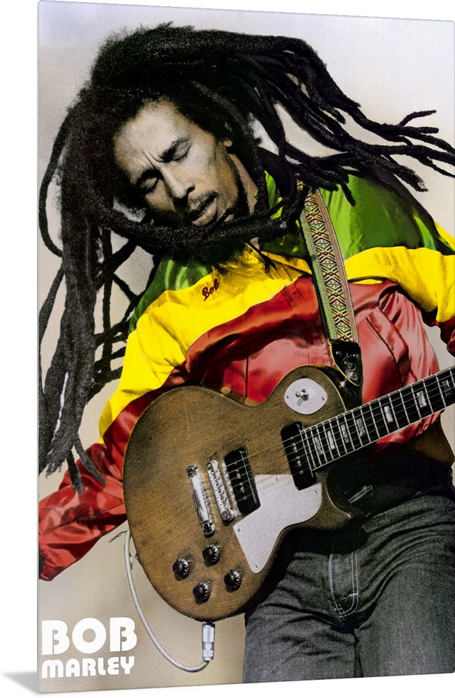 Large, portrait photograph of Bob Marley playing guitar, his name in the bottom left corner.