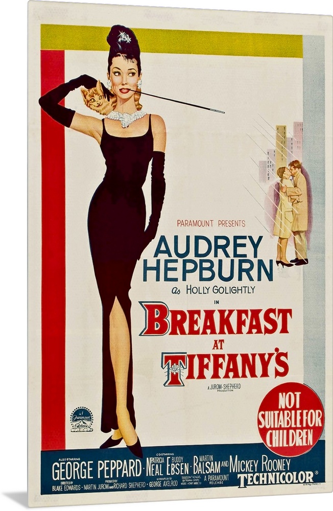 Vertical, large vintage advertisement for the movie "Breakfast At Tiffany's", with actress Audrey Hepburn featured in a bl...