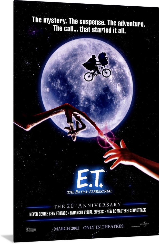 A large vertical print of the 20th anniversary poster of E.T. It depicts the famous scene of the boy and ET touching finge...