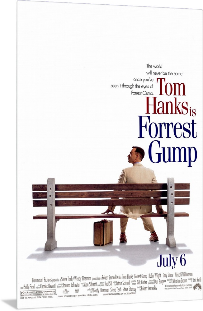 Big, vertical movie advertisement for the opening of Forrest Gump, text and credits on the top and bottom.  Tom Hanks as F...