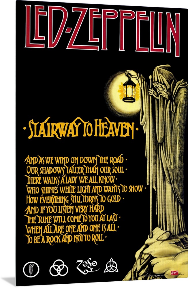 Vintage poster of English rock band's song lyrics with grim reaper holding lantern and standing on rocky ledge at night.