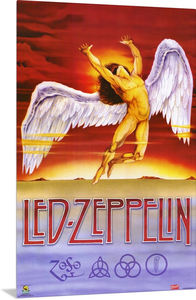 Vertical, oversized artwork for Led Zeppelin, a muscular, nude, human figure with large wings flying upward into a fiery s...