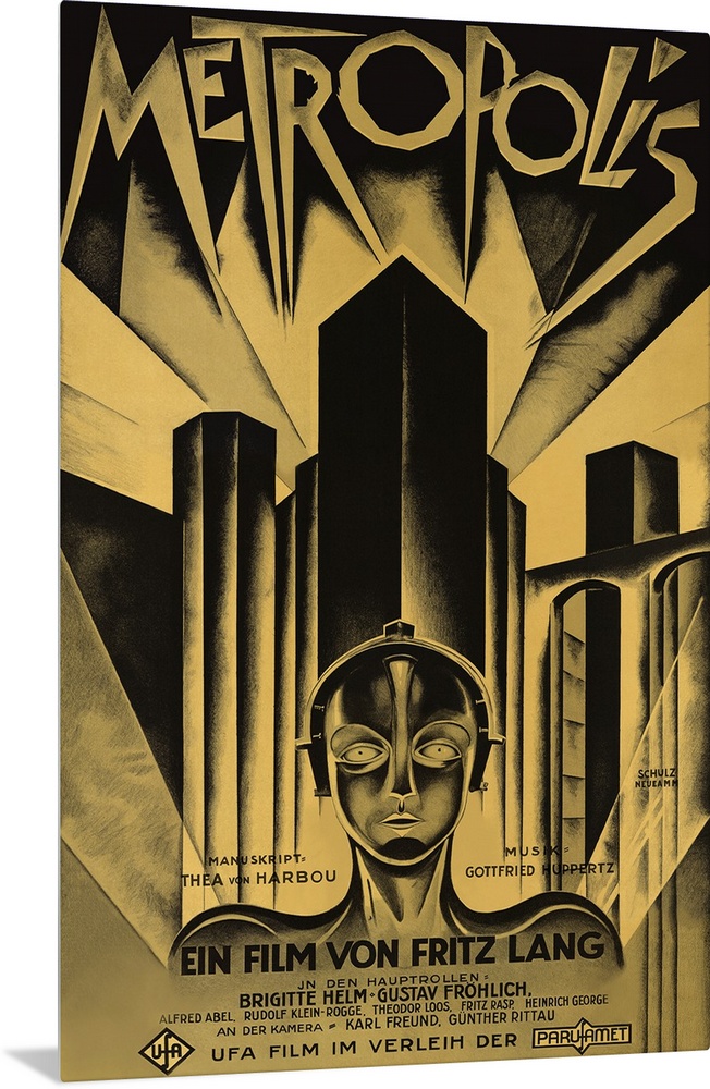 Poster for the 1927 science fiction film Metropolis. Skyscrapers line the back of the poster with a being shown below in f...