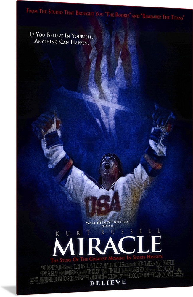 Docudrama movie poster for film "Miracle," starring Kurt Russell as US men's hockey team head coach Herb Brooks.  The stor...