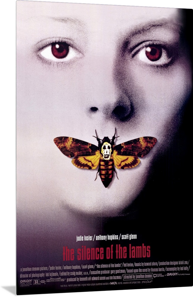 Vertical, oversized movie advertisement for the 1990 film, The Silence of the Lambs, starring Jodie Foster and Anthony Hop...