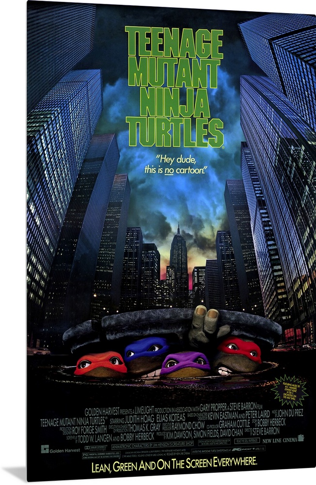 Poster for the 1989 film "Teenage Mutant Ninja Turtles". It shows the four turtles faces popping out from under a man hole...