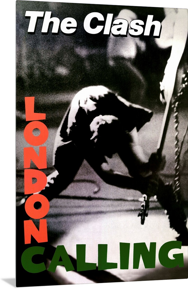 Vertical, oversized black and white photograph of a band member of The Clash swinging a guitar to smash on the floor.  "Lo...