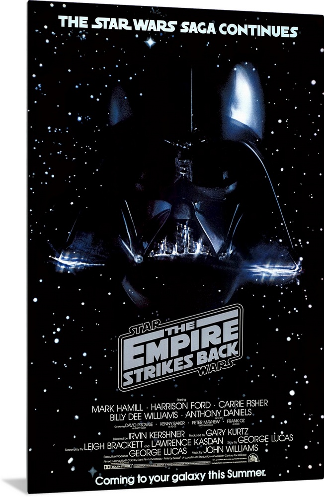 Giant, vertical movie image on canvas for The Empire Strikes Back, with Darth Vader's head on a galactic background, the m...