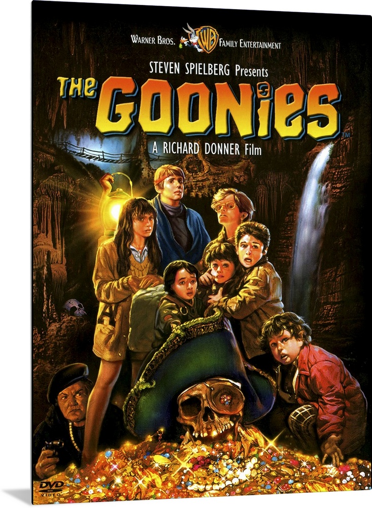 Movie poster for the 1980s movie Goonies with a drawing of all the child characters standing with their pile of treasure.